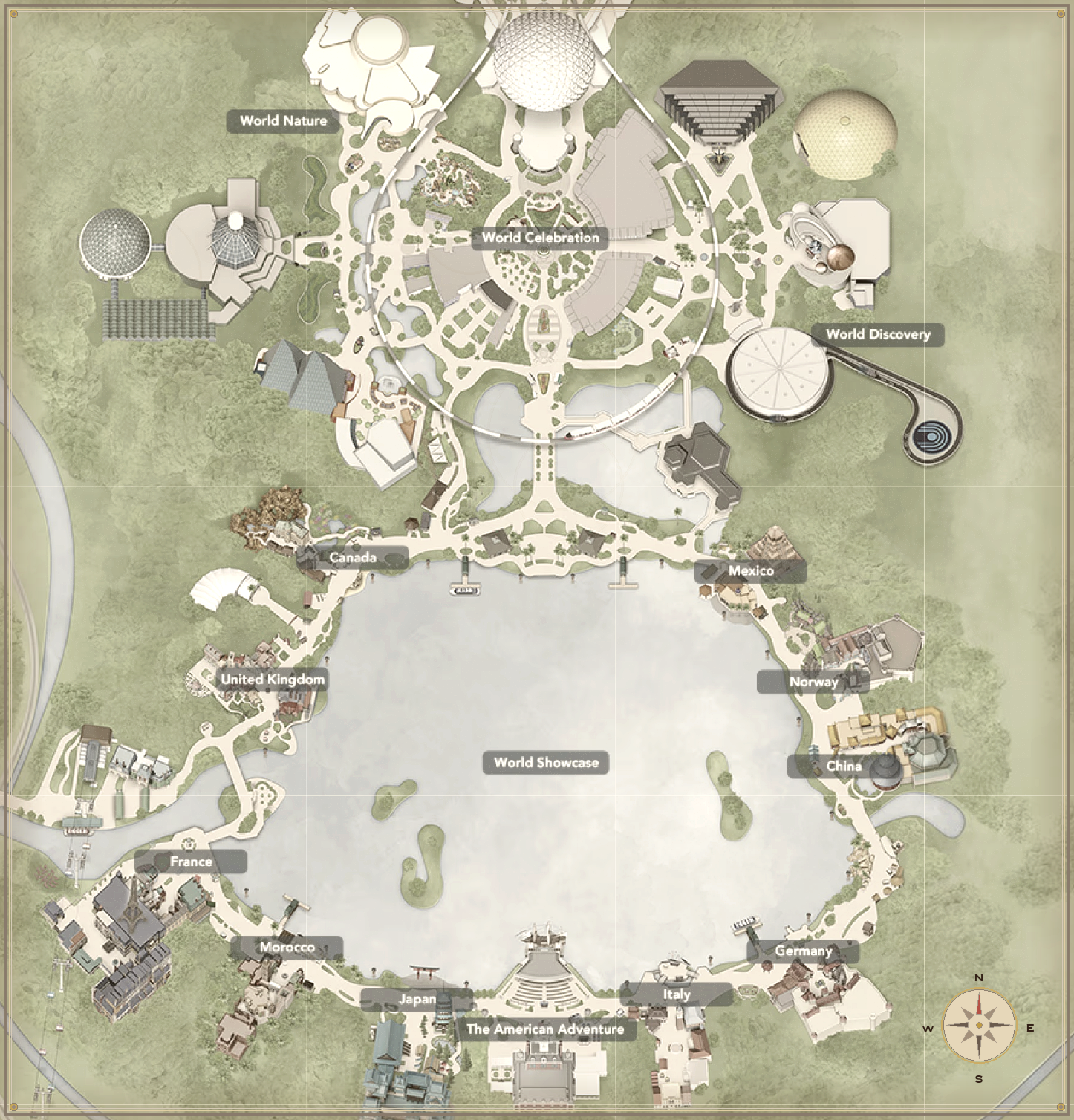 EPCOT park map showing walking route between attractions