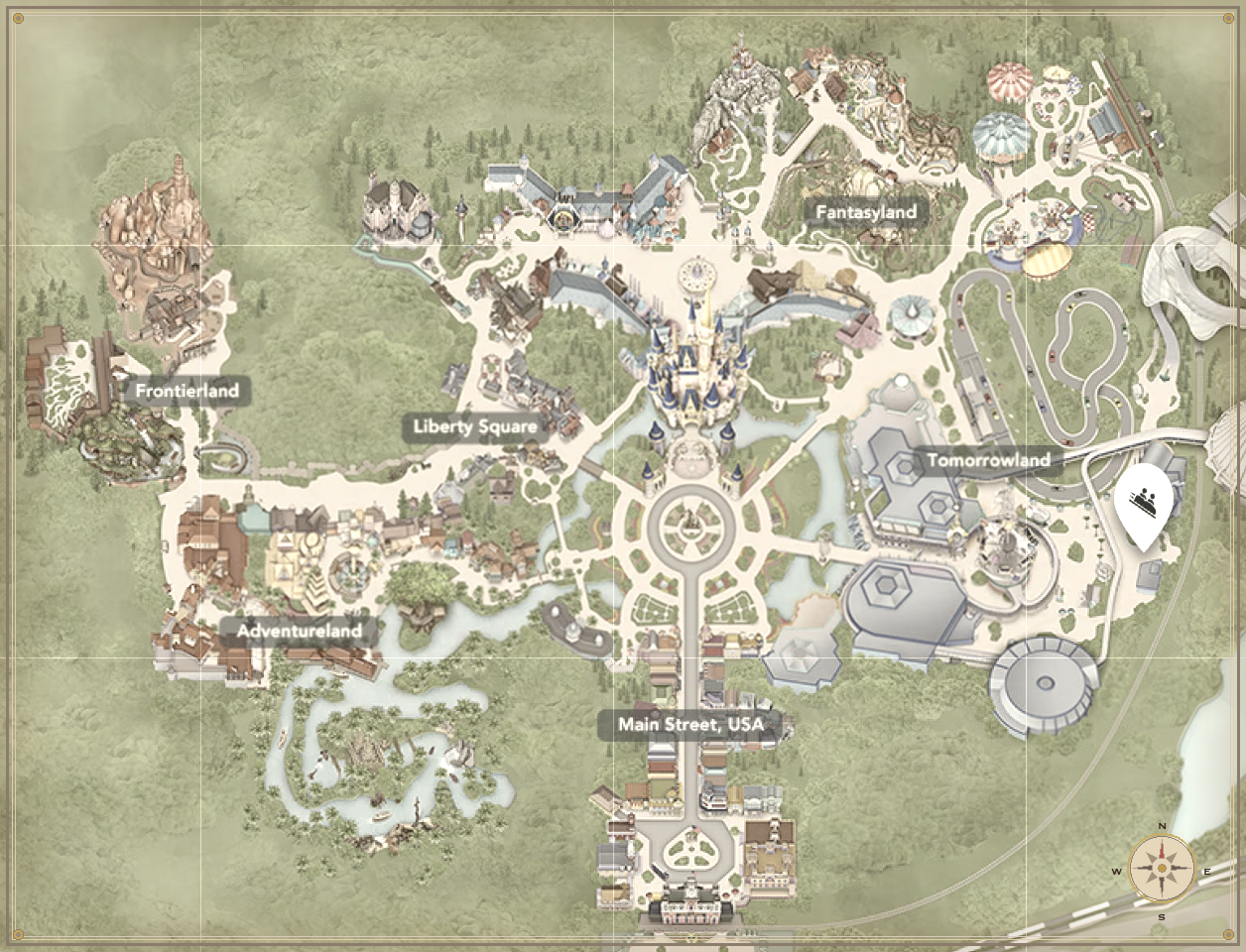 Custom illustrated Magic Kingdom park map with planned walking route